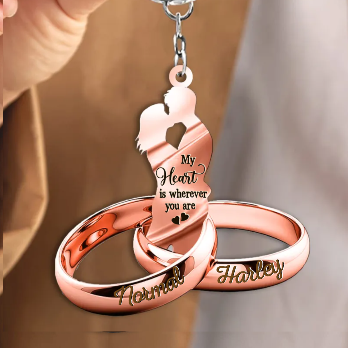 My Heart is Wherever You Are Custom Names Date Gift For Husband Wife Wedding Rings Couple Keychain KO0104