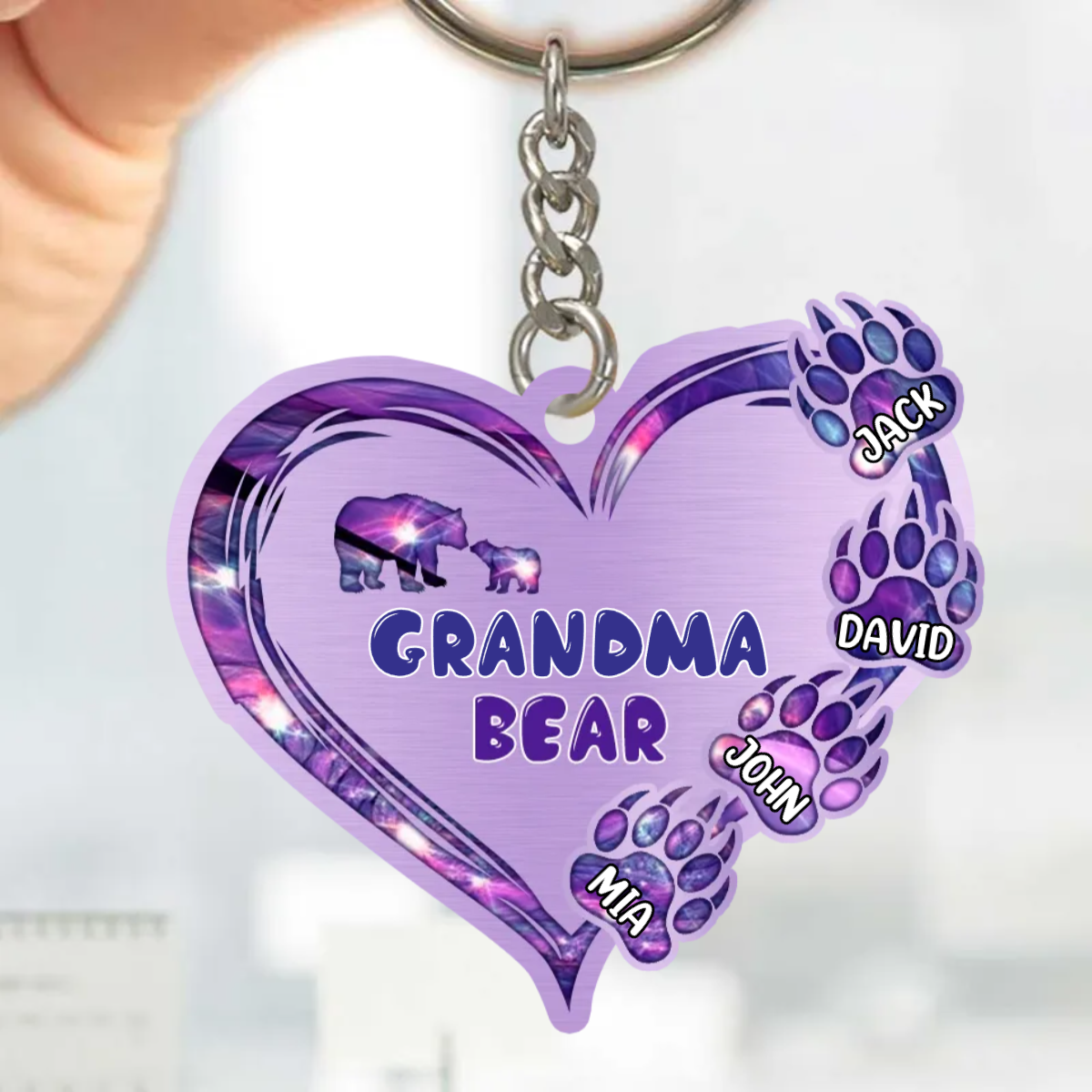 Sparkling Grandma- Mom Bear Heart Kids Personalized Acrylic Keychain, Gift for Grandma Valentine KO0327