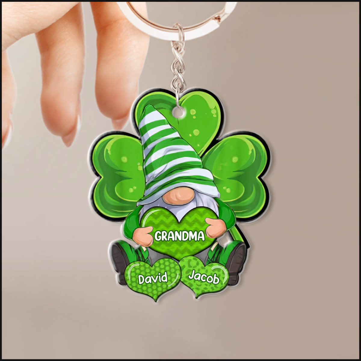 Lucky Shamrock Gnome Nana Mom Sweet Heart Kids, St. Patrick's Day Personalized Keychain KO0326