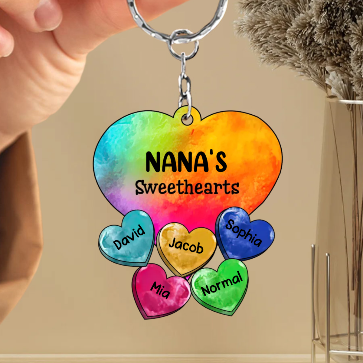 Colorful Rainbow Heart Grandma Auntie Mom Sweet Heart Kids Personalized Acrylic Valentine Keychain KO0325