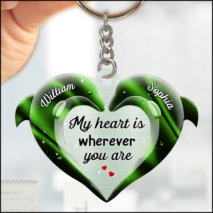 My Heart is Wherever You Are Dolphin Couple Keychain, Personalized Couple Keychain, Valentine's Day Gift KO0125