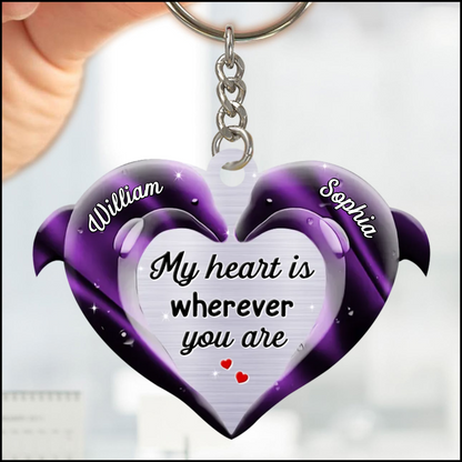 My Heart is Wherever You Are Dolphin Couple Keychain, Personalized Couple Keychain, Valentine's Day Gift KO0125