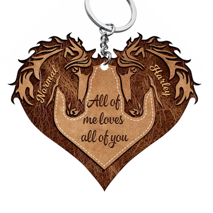 Brown Horse Couple Heart God Blessed Personalized Wooden Couple Keychain, Gift for Horse Lovers KO0123