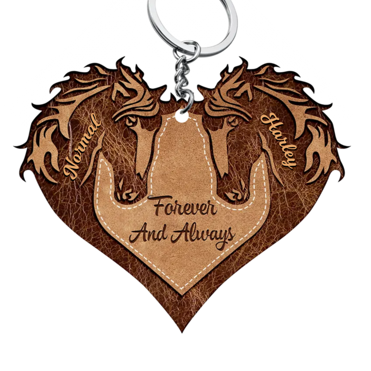 Brown Horse Couple Heart God Blessed Personalized Wooden Couple Keychain, Gift for Horse Lovers KO0123