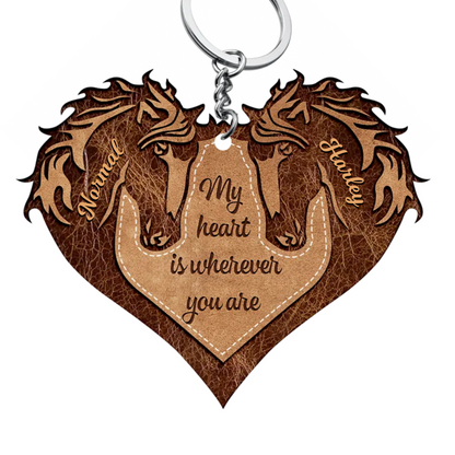 Brown Horse Couple Heart God Blessed Personalized Wooden Couple Keychain, Gift for Horse Lovers KO0123