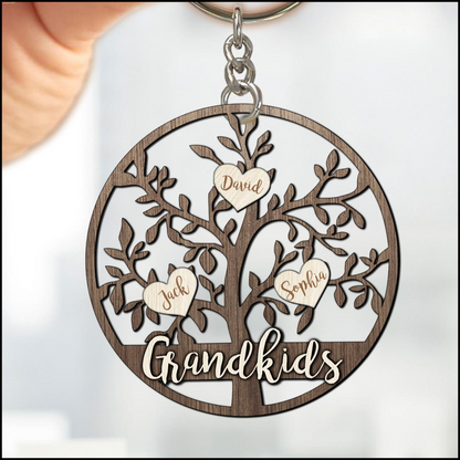 Family Tree Sweethearts Grandkids Personalized Wooden Keychain, Heart Keychain KO0323