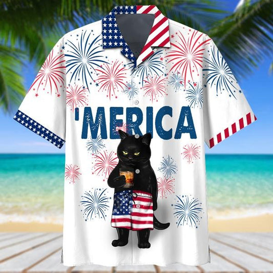 Black Cat Hawaiian Shirt, Independence Day Cat Hawaiian Shirts, Merica Patriotic Gift For Cat Lovers HO5125