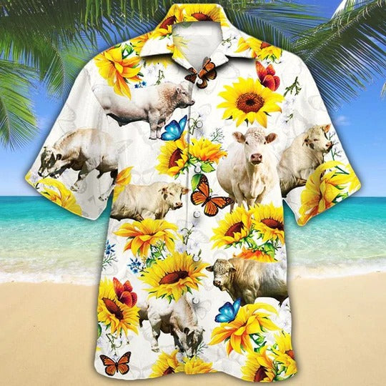 Charolais Cattle Lovers Sun Flower Hawaiian Shirt, Unisex Print Aloha Short Sleeve Casual Shirt HO5065