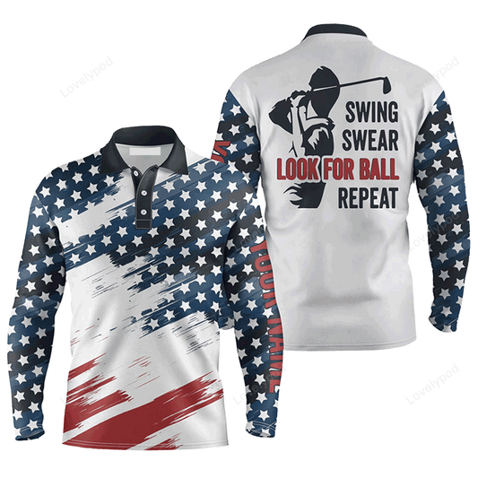 Personalized name american flag golf long sleeve polo shirt, swing swear look for ball repeat 3d shirt, gift for men GY0082