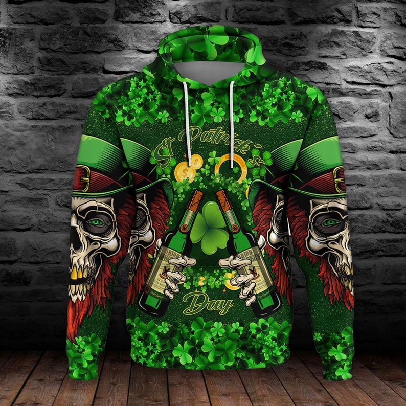 Eat Drink and Be Irish Saint Patrick's Day Skull 3D All Over Printed Hoodie Shirt For Men Women PO0198