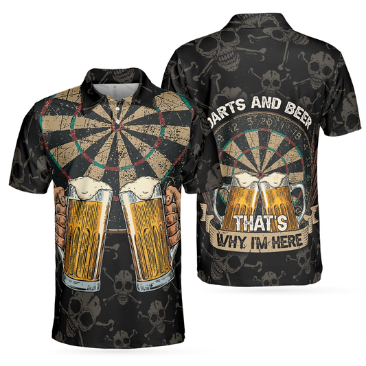 Darts And Beer That's Why I'm Here Short Sleeve Polo Shirt, Skull Darts Print Shirt For Men DMO0216