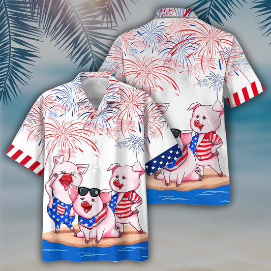 Pig 4th of july Hawaiian Shirt, Men's USA Patriotic Hawaiian Shirt, Patriotic Aloha Shirts HO0735