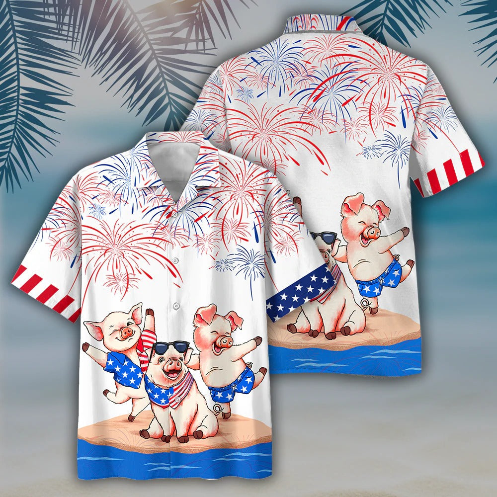 Pig's 3D Full Print Hawaiian Shirts, Independence Day Is Coming, Happy 4Th Of July Pig Aloha Beach Shirt HO4790