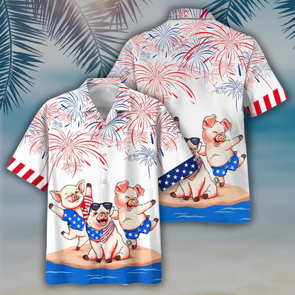 Pig's 3D Full Print Hawaiian Shirts, Independence Day Is Coming, Happy 4Th Of July Pig Aloha Beach Shirt HO4790