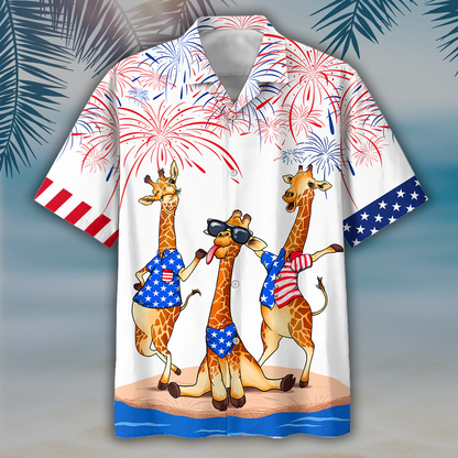 Giraffe Hawaiian Shirt For Independence's Day, Happy 4Th Of July Patriotic Giraffe Hawaii Aloha Beach Shirt Full Print HO5008