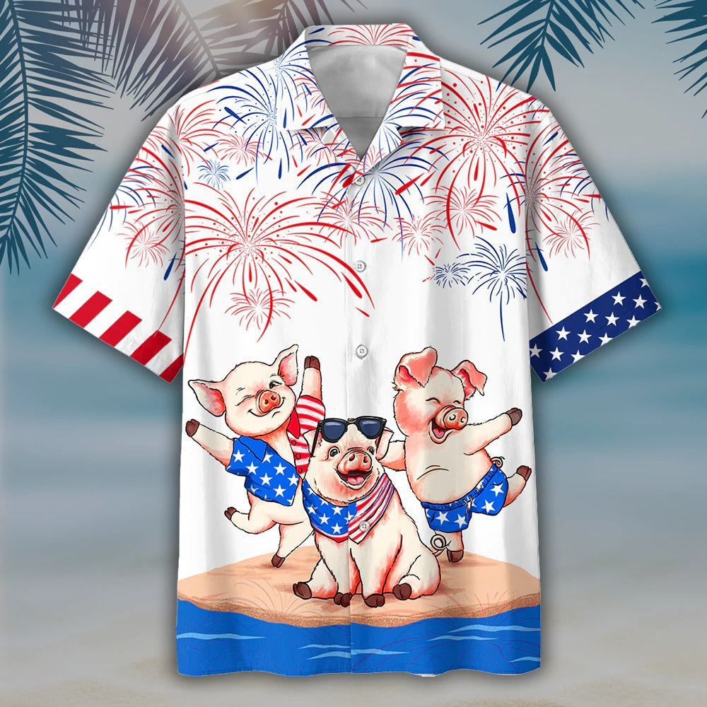 Pig's 3D Full Print Hawaiian Shirts, Independence Day Is Coming, Happy 4Th Of July Pig Aloha Beach Shirt HO4790