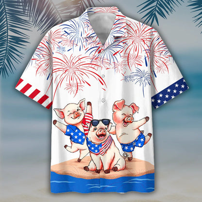 Pig's 3D Full Print Hawaiian Shirts, Independence Day Is Coming, Happy 4Th Of July Pig Aloha Beach Shirt HO4790