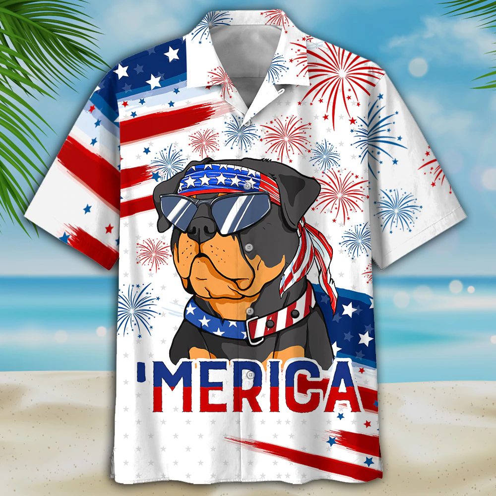 Rottweiler New Hawaiian Shirts For Independence Day, Funny Cute Dog Hawaii Beach Shirt Short Sleeve For 4Th Of July HO5007