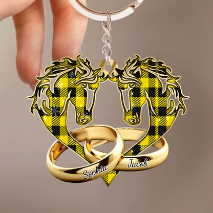 Personalized Horse Couple Wedding Rings Husband Wife Anniversary Gift Plaid Acrylic Keychain KO0025