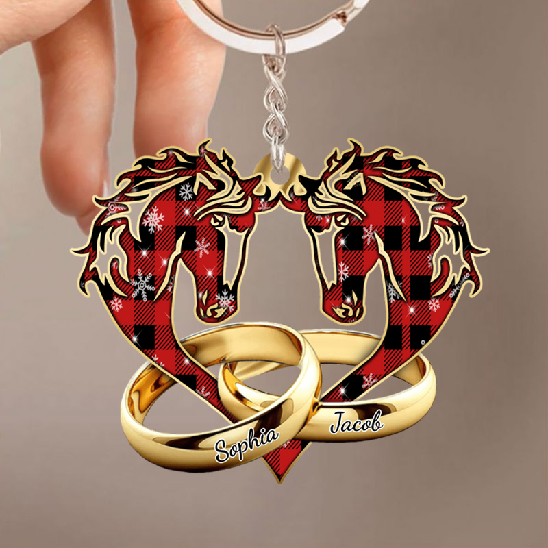 Personalized Horse Couple Wedding Rings Husband Wife Anniversary Gift Plaid Acrylic Keychain KO0025