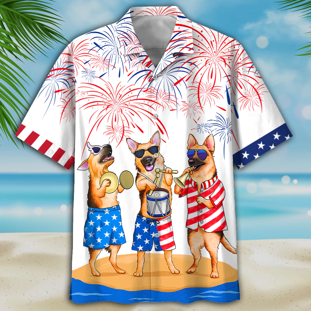 German Shepherd Hawaiian Shirt, Funny Cool Dog Hawaii Shirt For American Independence Day, Cute Hawaii Shirt For Dog Lovers HO5003