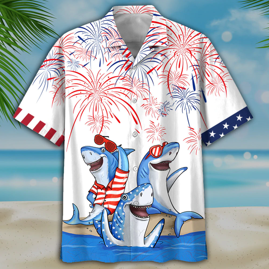 Men's 4th of july Shark hawaiian shirt - Independence Day hawaiian shirt, USA Patriotic Hawaiian Shirt HO0713