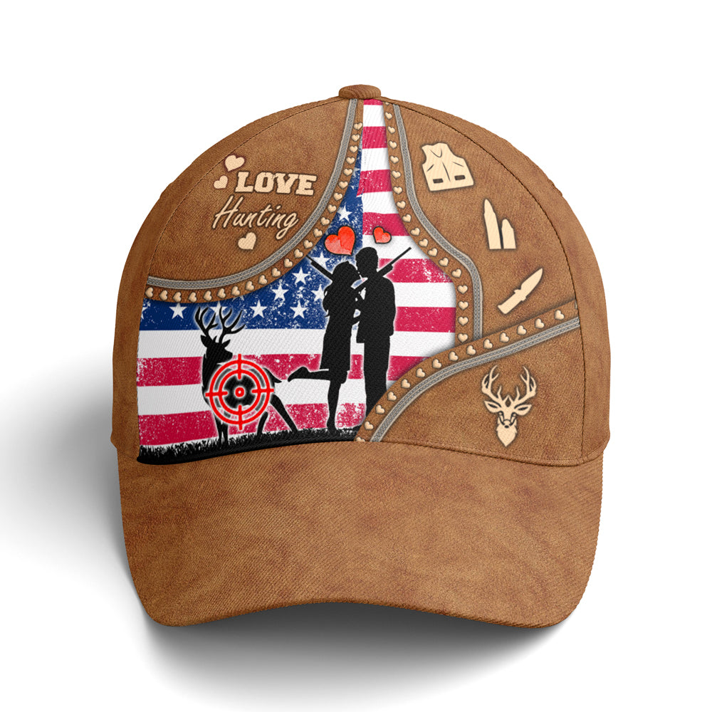 Couple Love Hunting American Flag Leather Style Baseball Cap Lasfour CO0779