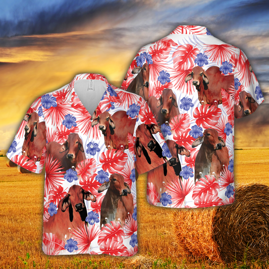 American Colors Red Brahman Cattle Hawaiian Shirt HO5411