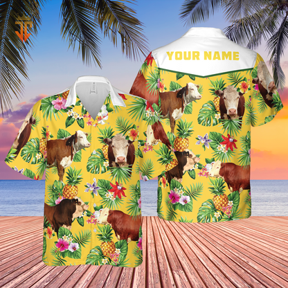 Personalized Name Hereford Cattle Pineapples All Over Printed 3D Hawaiian Shirt HO5385