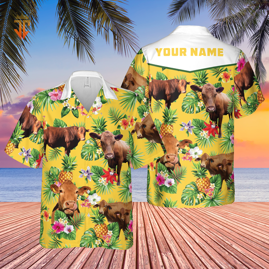 Personalized Name Red Angus Cattle Pineapples All Over Printed 3D Hawaiian Shirt HO5386