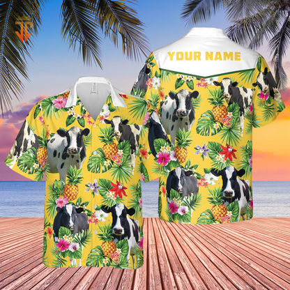 Personalized Name Holstein Friesian Cattle Pineapples All Over Printed 3D Hawaiian Shirt HO5387