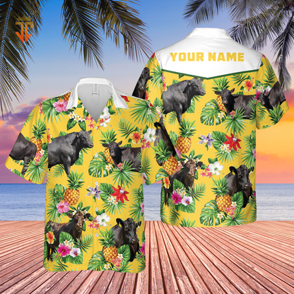 Personalized Name Black Angus Cattle Pineapples All Over Printed 3D Hawaiian Shirt HO5384