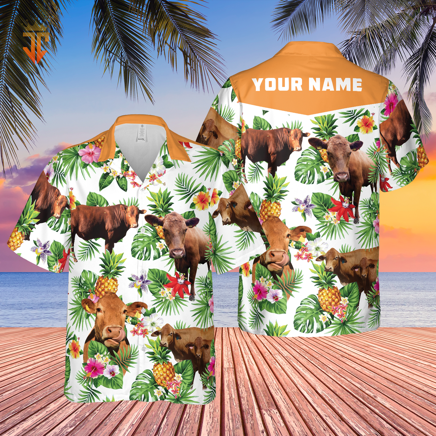 Personalized Name Red Angus Cattle Pineapples All Over Printed 3D Hawaiian Shirt HO5386