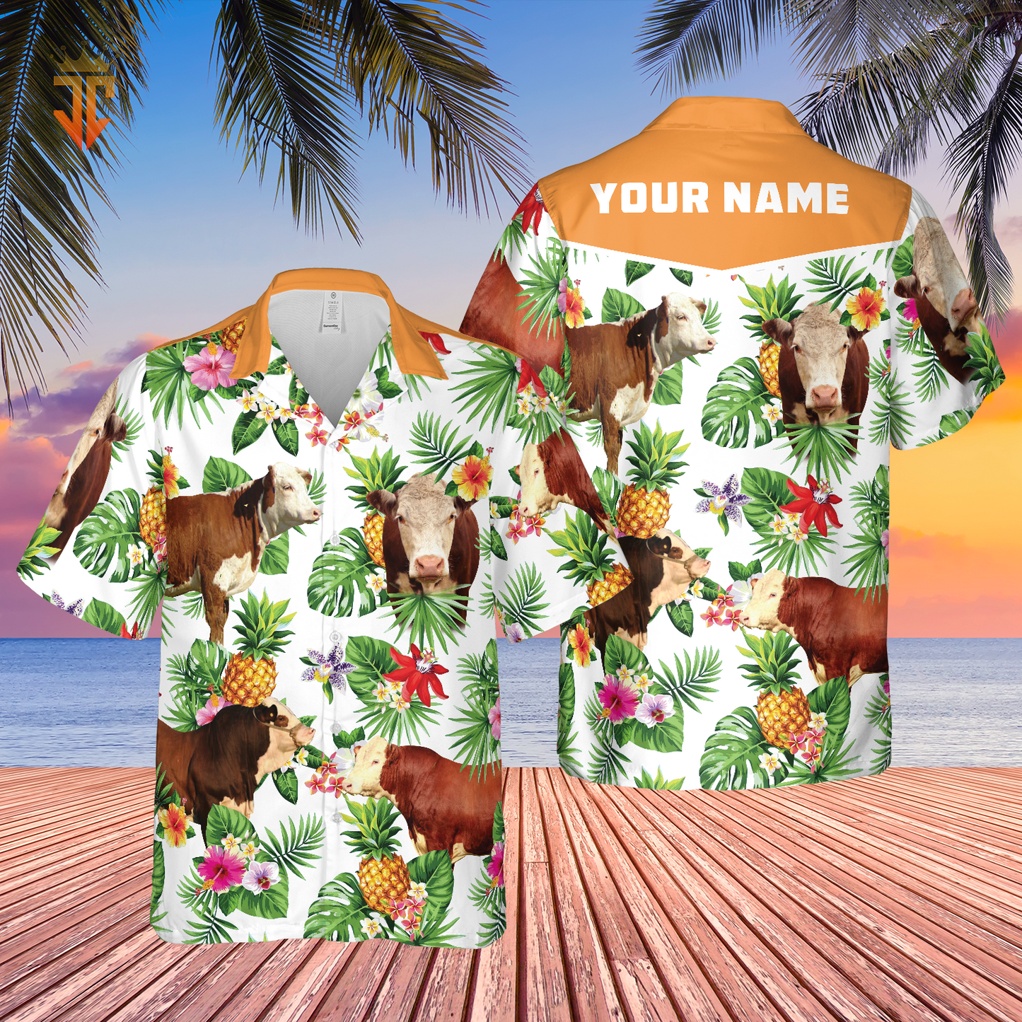 Personalized Name Hereford Cattle Pineapples All Over Printed 3D Hawaiian Shirt HO5385