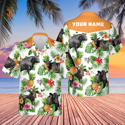 Personalized Name Black Angus Cattle Pineapples All Over Printed 3D Hawaiian Shirt HO5384