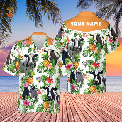 Personalized Name Holstein Friesian Cattle Pineapples All Over Printed 3D Hawaiian Shirt HO5387