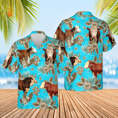 Hereford Cattle Lovers Aloha Pattern All Over Printed 3D Hawaiian Shirt HO5380