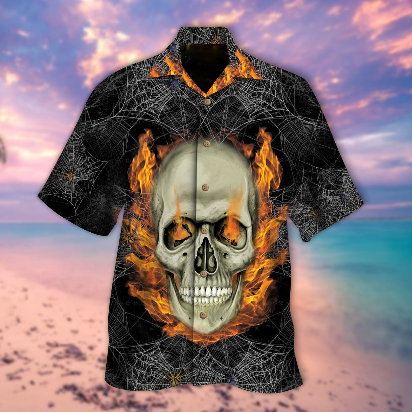 Skull On Fire Cobweb Hawaiian Shirt, Best Hawaii Shirt For Skull Lover HO5281