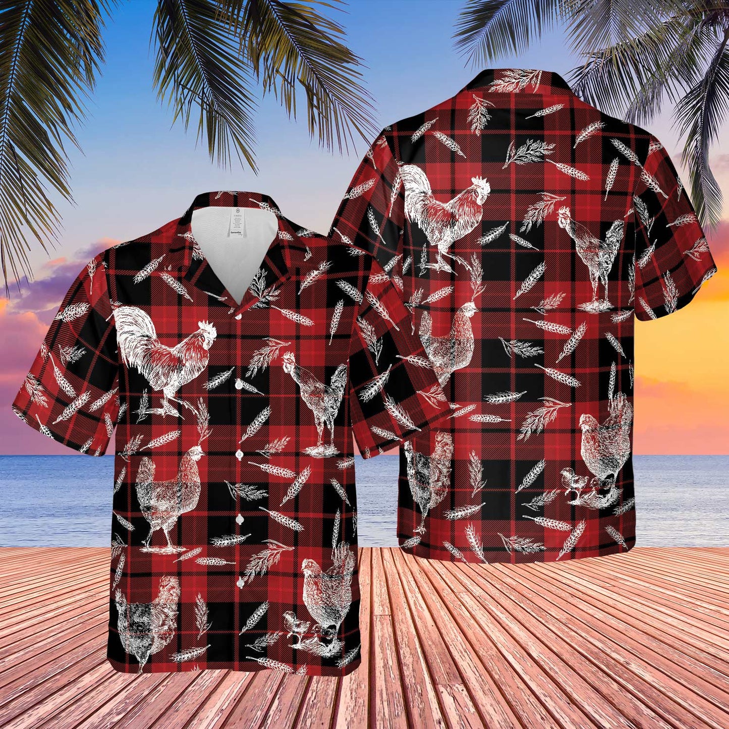 Plaid Pattern Chicken All Over Printed 3D Hawaiian Shirt HO5395