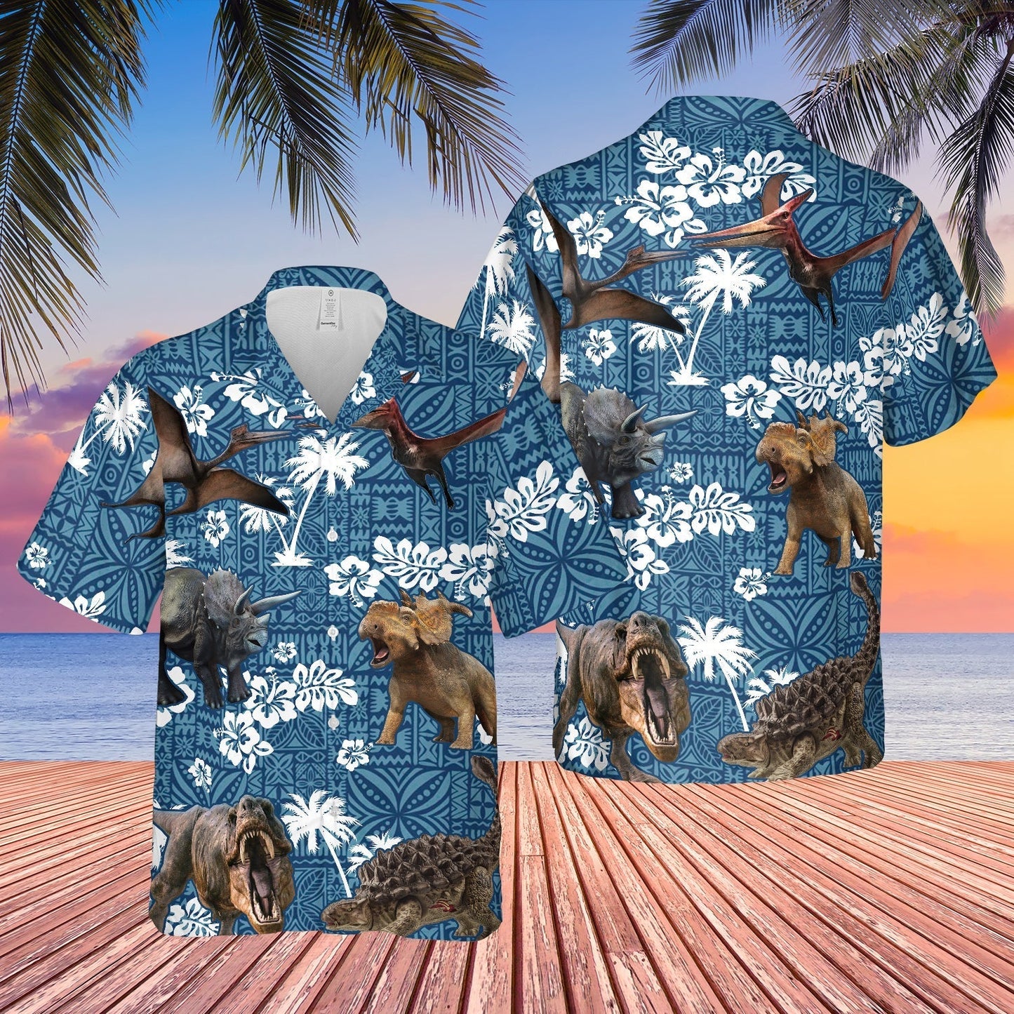 Dinosaur Blue Tribal All Over Printed 3D Hawaiian Shirt HO5406