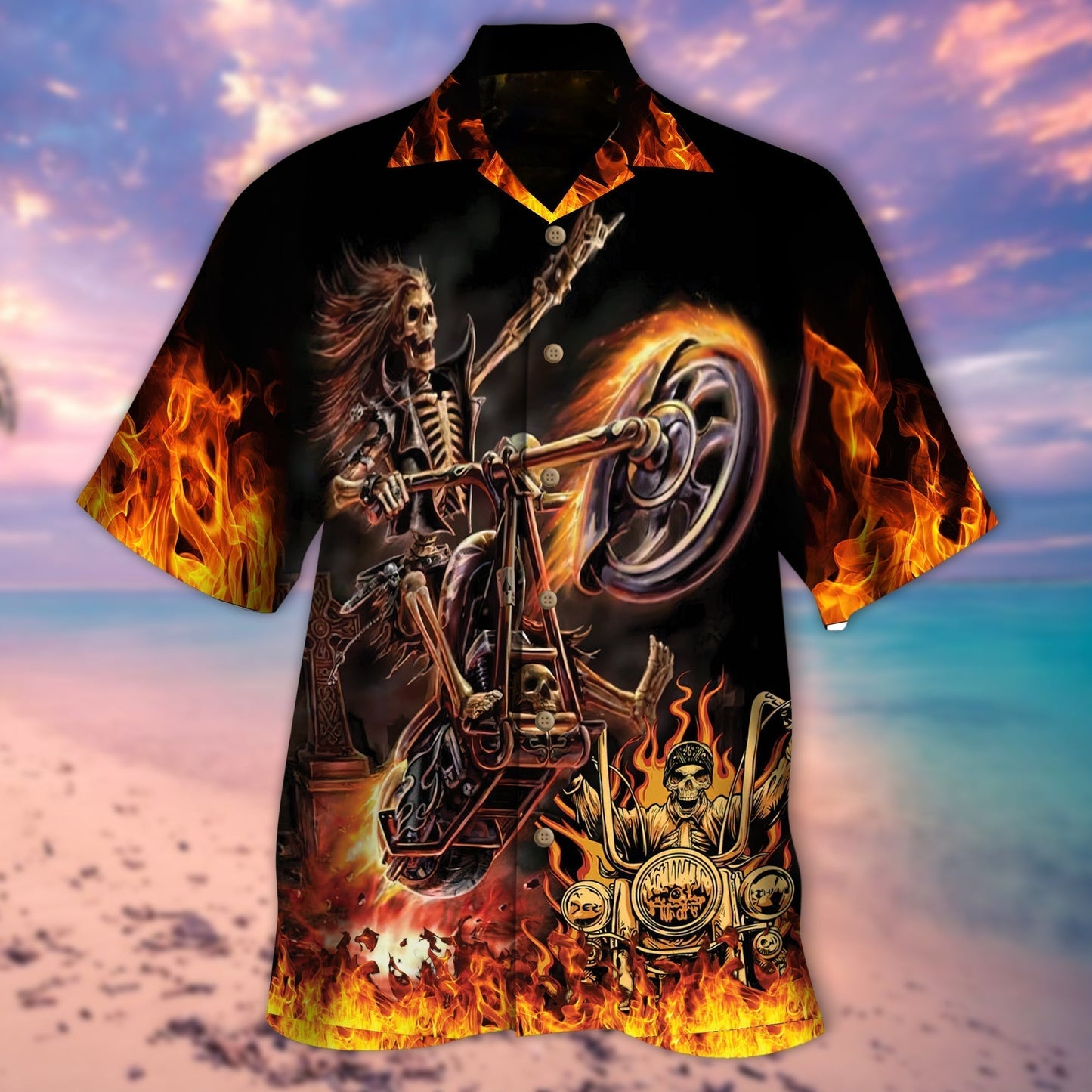 Ghost Rider On Fire Full Printed Hawaii Aloha Beach Shirt, Summer Skull Hawaiian Shirts HO5274