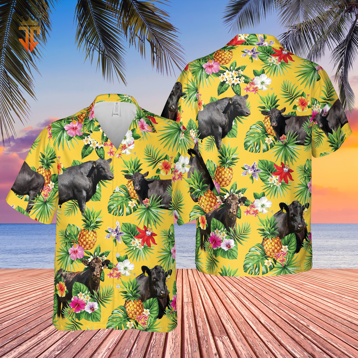 Personalized Name Black Angus Cattle Pineapples All Over Printed 3D Hawaiian Shirt HO5384