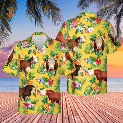 Personalized Name Hereford Cattle Pineapples All Over Printed 3D Hawaiian Shirt HO5385