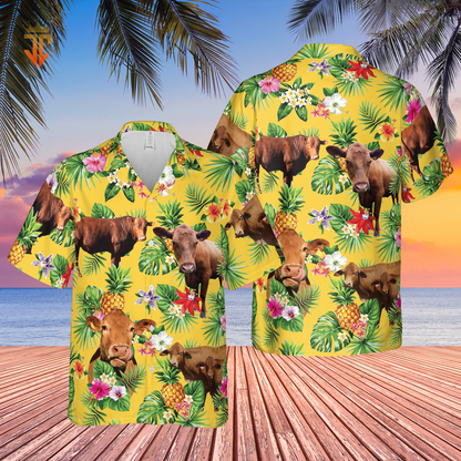 Personalized Name Red Angus Cattle Pineapples All Over Printed 3D Hawaiian Shirt HO5386