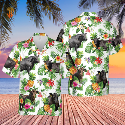 Personalized Name Black Angus Cattle Pineapples All Over Printed 3D Hawaiian Shirt HO5384