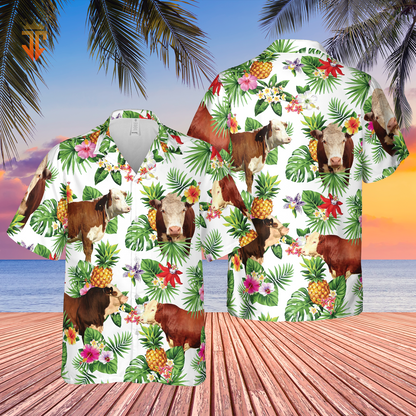 Personalized Name Hereford Cattle Pineapples All Over Printed 3D Hawaiian Shirt HO5385