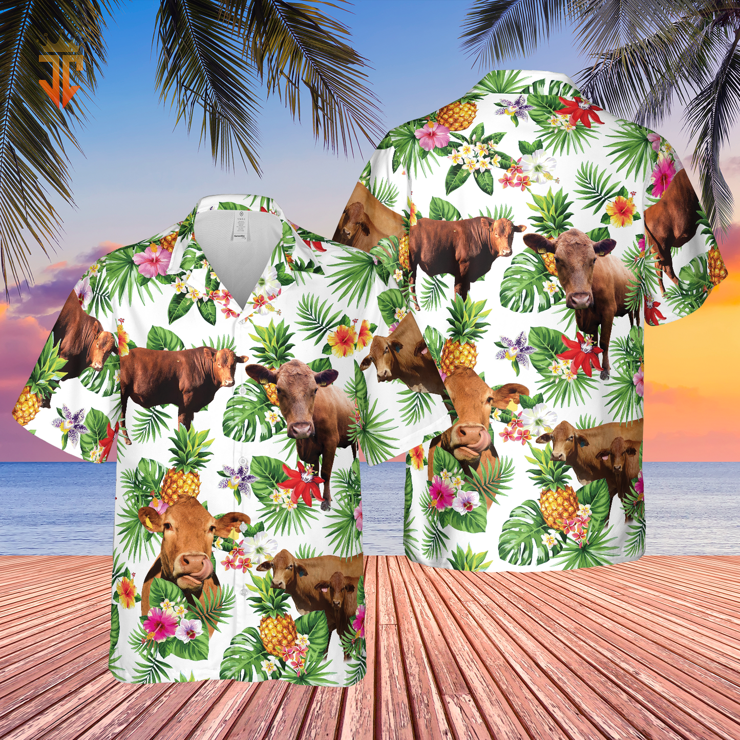 Personalized Name Red Angus Cattle Pineapples All Over Printed 3D Hawaiian Shirt HO5386