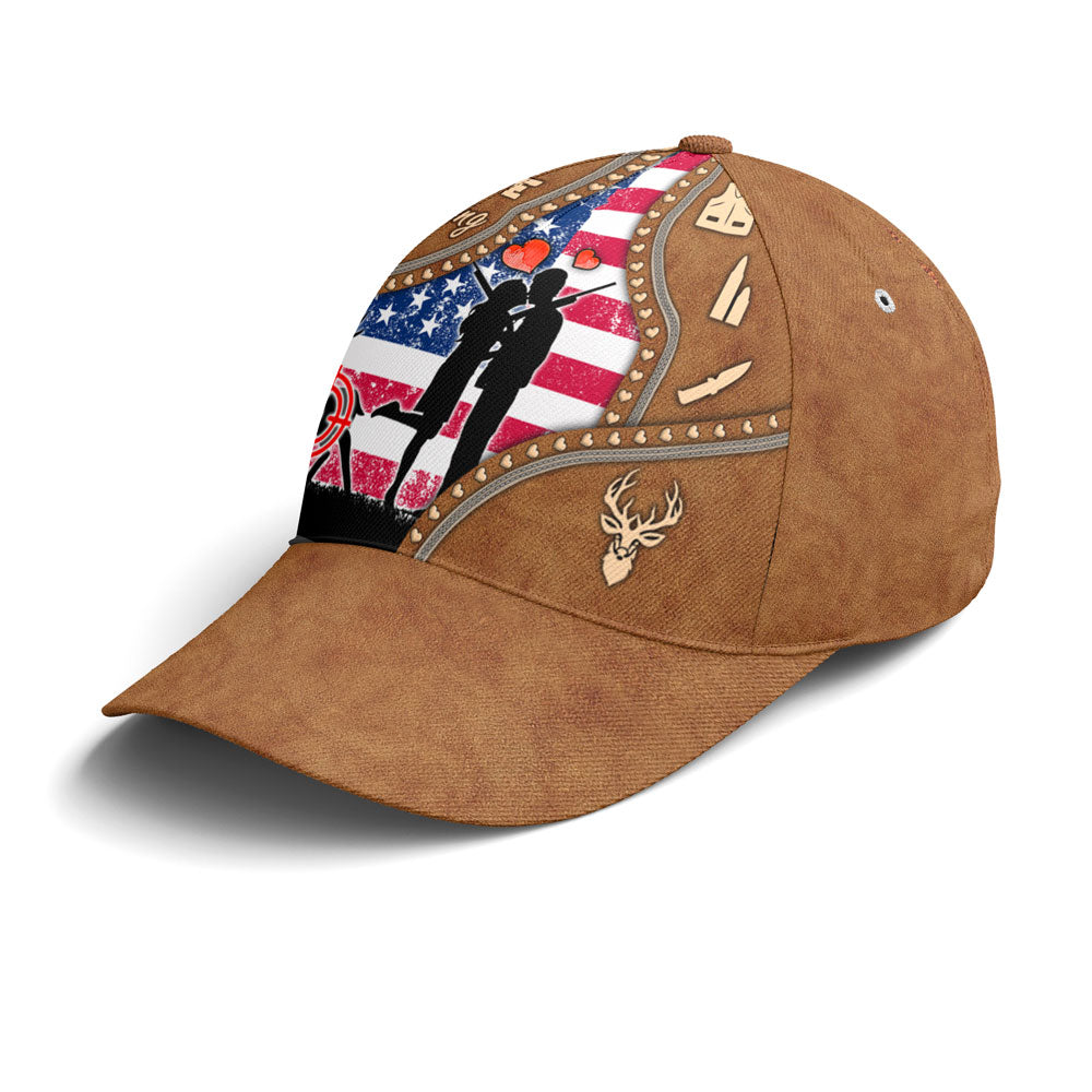 Couple Love Hunting American Flag Leather Style Baseball Cap Lasfour CO0779