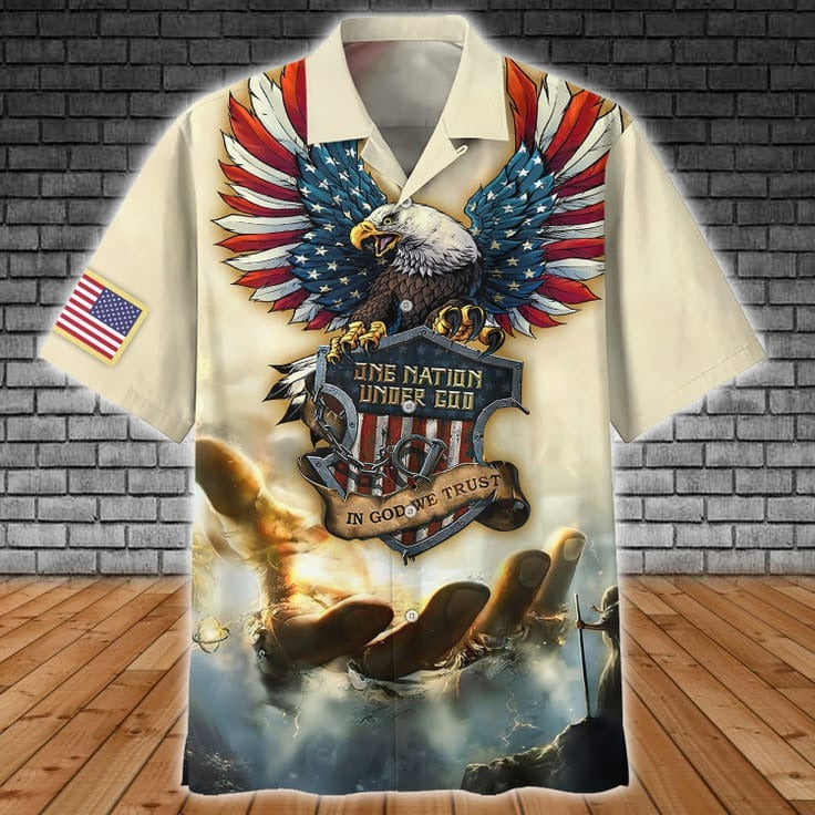 One Nation Under God Hawaiian Shirt, 3D Full Printed Eagle Hawaiian Shirts, In God We Trust Hawaiian Shirt HO5142