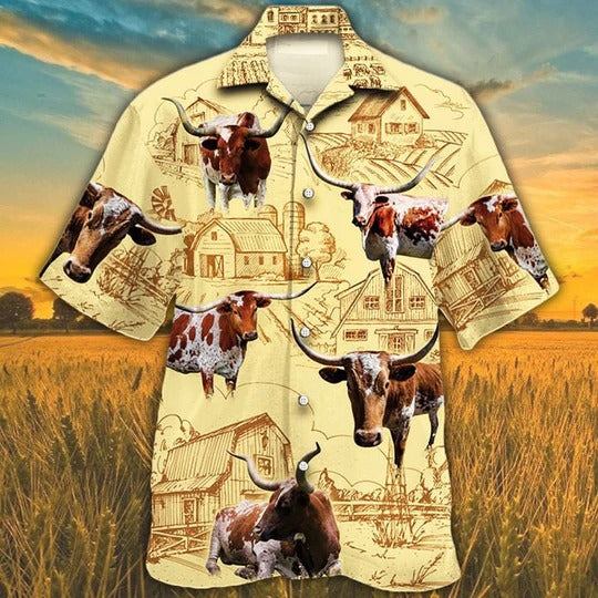 Tx Longhorn Cattle Lovers Farm Hawaiian Shirt, Unisex Print Aloha Short Sleeve Casual Shirt HO0383